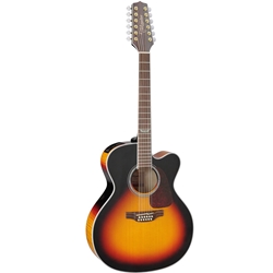 Takamine GJ72CE-12 BSB 12-String Jumbo with cutaway, solid spruce top, flame maple back and sides, gold hardware, brown sunburst finish and TK-40D electronics